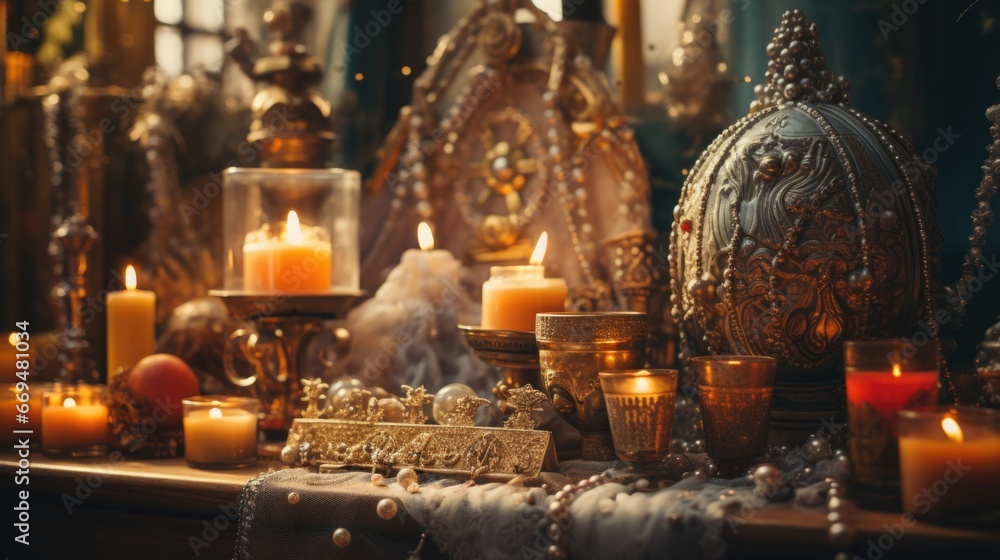 A Three Kings Day altar adorned with religious icons, candles, and gifts in a traditional home. The soft, warm lighting emphasizes the spiritual significance of the day. The altar. generative ai A Three Kings Day altar adorned with religious icons, candles, and gifts in a traditional home. The soft, warm lighting emphasizes the spiritual significance of the day. The altar. generative ai