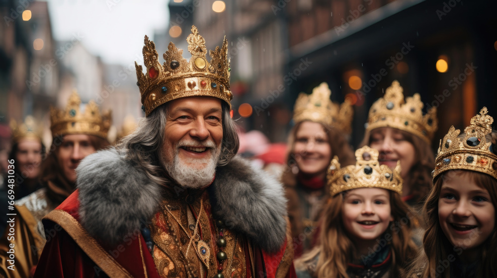 A traditional Three Kings Day procession takes place in a picturesque town, with participants dressed as the Three Wise Men and colorful folkloric characters. generative ai A traditional Three Kings Day procession takes place in a picturesque town, with participants dressed as the Three Wise Men and colorful folkloric characters. generative ai