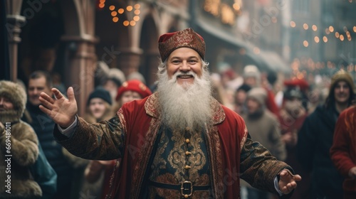 A St. Nicholas Day parade festive people in traditional costumes, St. Nicholas himself, charming European town. The event cheerful music and dancing, capturing the joyful holiday. generative ai
