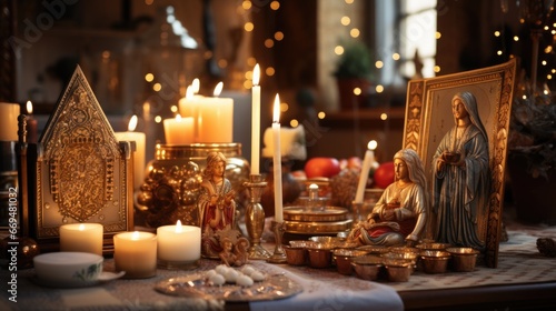 A Three Kings Day altar adorned with religious icons, candles, and gifts in a traditional home. The soft, warm lighting emphasizes the spiritual significance of the day. The altar. generative ai