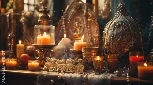 A Three Kings Day altar adorned with religious icons, candles, and gifts in a traditional home. The soft, warm lighting emphasizes the spiritual significance of the day. The altar. generative ai © MoreThanProd