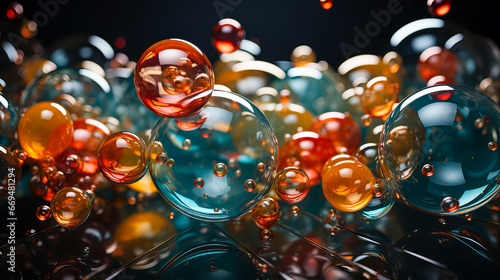 Christmas and New Year background with bokeh lights and Christmas balls. Colorful glass balls hanging in the air on dark background. Abstract background. 3D rendering. Generative AI technology.