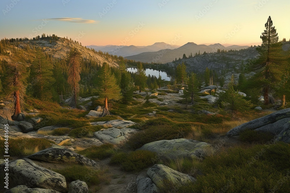 early morning light exposes the desolation wilderness, a protected area near lake tahoe, spread across sierra nevada mountains. Generative AI - obrazy, fototapety, plakaty 