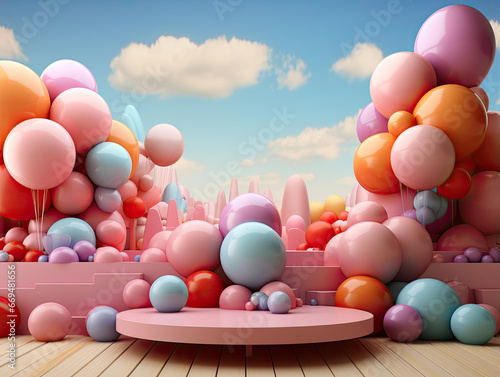 A presentation background featuring a minimal product podium stage with multicolored pastel color balloons in geometric shapes.