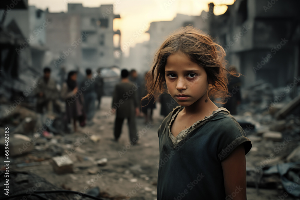 Fototapeta premium innocent kid in despair amid war-torn city - harsh realities of conflict