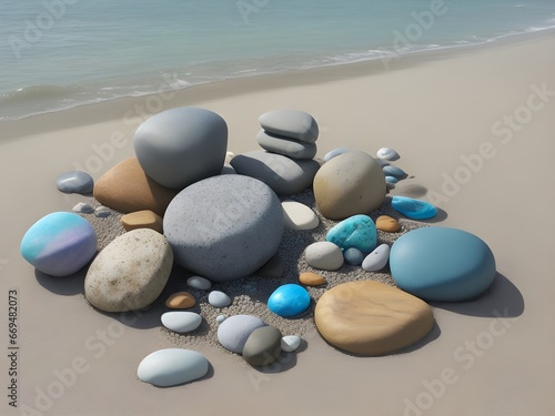 Beach Stone Sculpture Illustrate a creative arrangement of stones on a beach