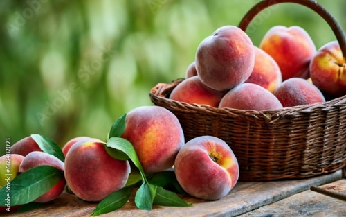 Jute basket with beautiful and tasty peaches on a table. Created with generative Ai technology.