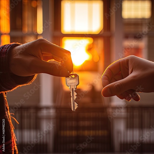 A super close-up of hands holding house keys, home buying concept