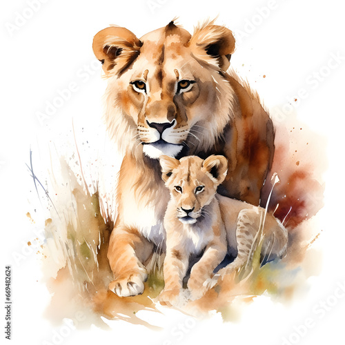 Lions family watercolor. Lioness Lion cub portrait  Ai Generated JPG