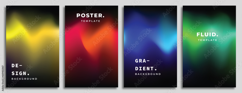 Colorful and vibrant gradient mesh on dark background bundle. Wavy and dynamic color gradation backdrop. Aurora themed backdrop design. Suitable for poster, banner, brochure, or leaflet.