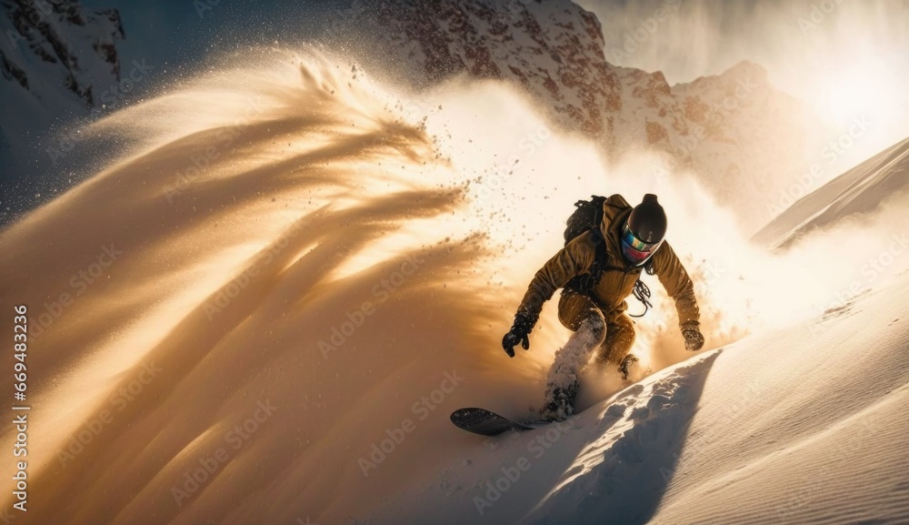 Snowboarder carving through fresh powder snow, mountain landscape, early morning, soft and warm natural lighting, dynamic action shot, winter sports. generative ai
