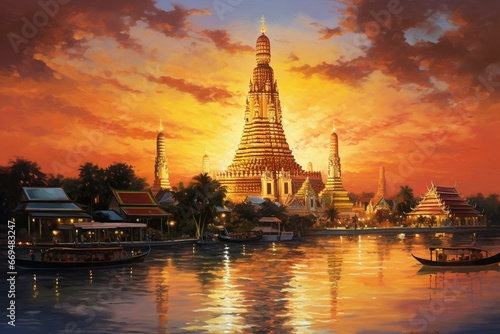 Sunset oil painting of Wat Arun temple, Bangkok landmark. Generative AI © Kellen