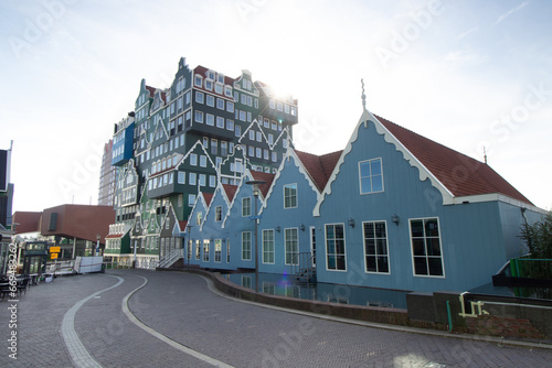 Colourful and unusual houses in Zaandam. Fairytale buildings with childish motifs. Unique Dutch architecture