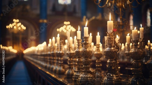 The glow of Hanukkah candles in a historic synagogue, illuminating the magnificent interior with a sense of tradition and spirituality. generative ai