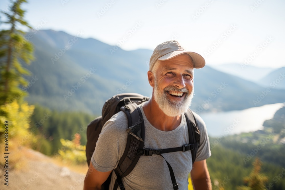 Cheerful elderly man enjoying a scenic mountain hike