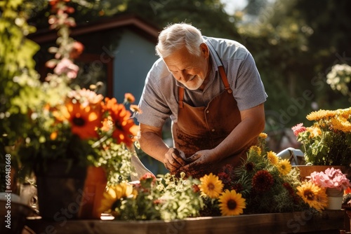 Cheerful elderly man gardening in backyard