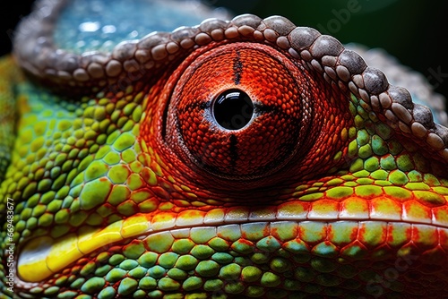 Close-up of a chameleon’s eye observing its surroundings.