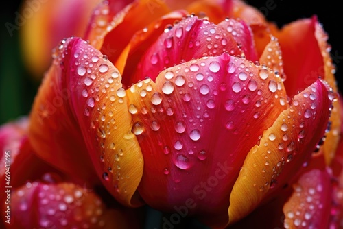 Close-up of dew-covered petals of a vibrant tulip flower.