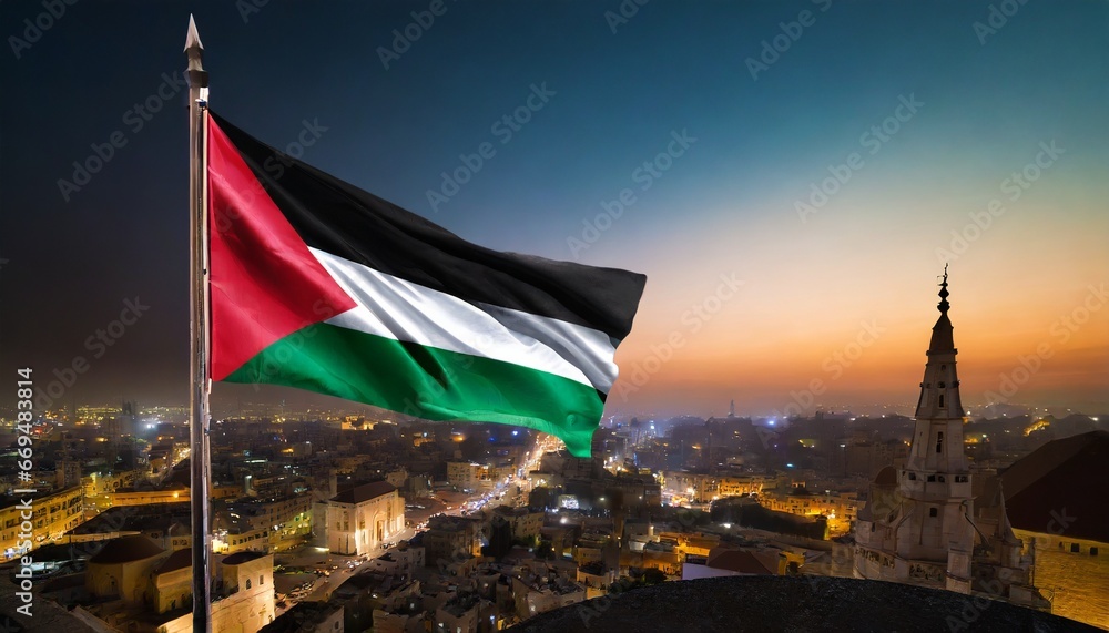 palestinian flag in front of night city