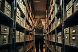 Woman Working in an Archive Full of Files and Shelves Searching for Documentation