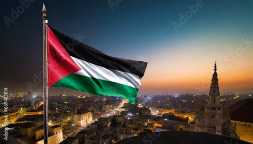 palestinian flag in front of night city