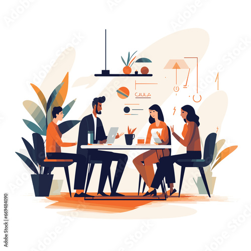 Casual Business Meeting 4 people Man and woman sitting at a table with coffee and laptop