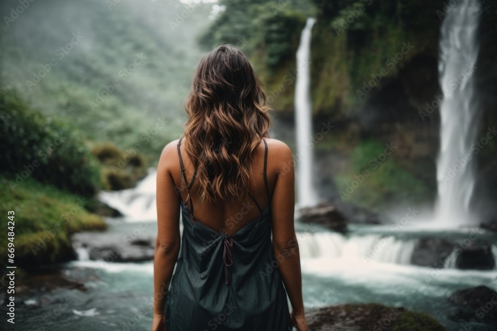 Close-up of a brunette woman standing backwards near a beautiful waterfall in the jungle forest