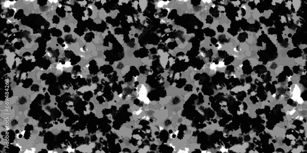Abstract Seamless Pattern with Irregular Black, White and Gray Spots. Repeatable Print with Watercolor Splashes and Stains. Black and White Hand Painted Chaotic Spots on a Gray Background.