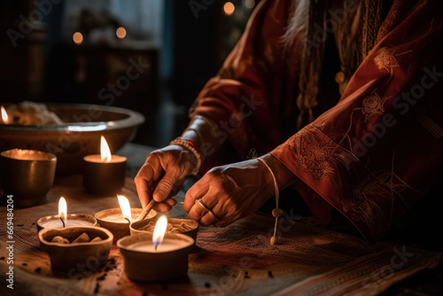 Shaman in ceremonial robes lighting candles