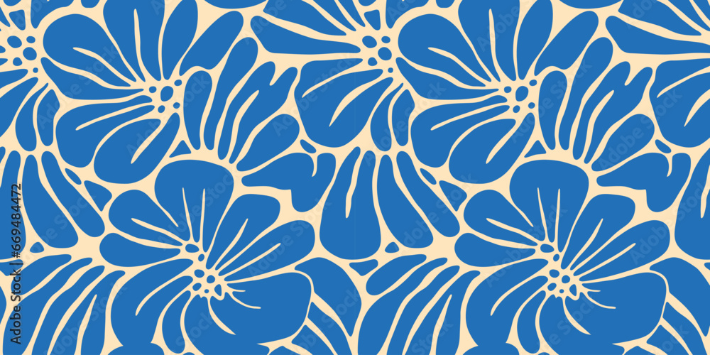 Abstract blue flower art seamless pattern. Trendy contemporary floral ...
