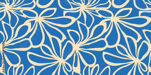Abstract blue flower art seamless pattern. Trendy contemporary floral nature shape background illustration. Natural organic plant leaves artwork wallpaper print. Vintage spring texture.