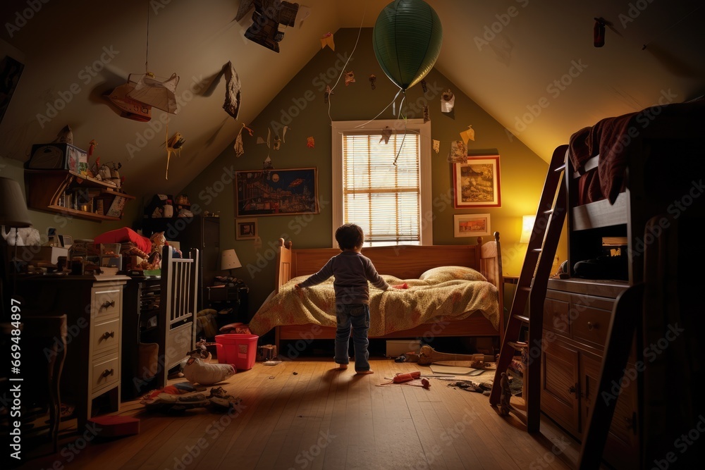 a little boy makes a bed in his room - obrazy, fototapety, plakaty 