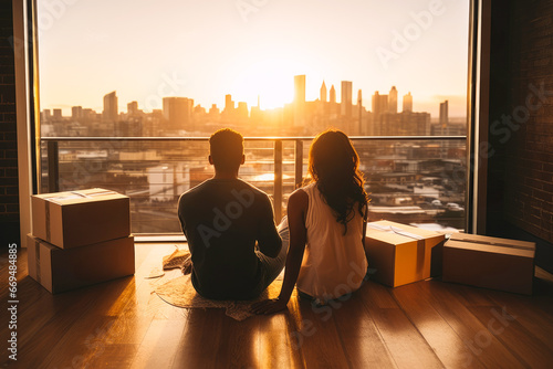 a young mixed ethnicity couple watches the sunset over the city from their new apartment © gankevstock