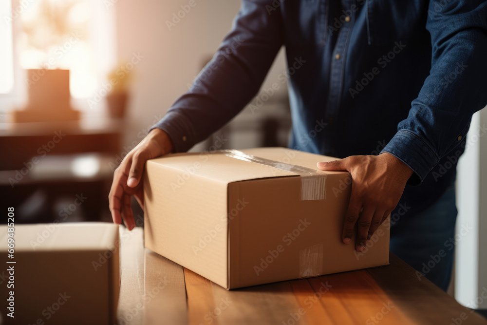 Close up of person’s hands unpacking cardboard box delivery Close up of person’s hands unpacking cardboard box delivery