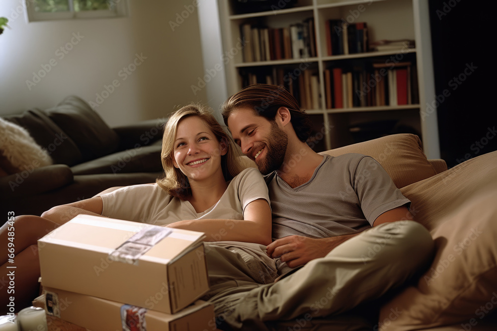 Couple hugs on sofa in new home Couple hugs on sofa in new home