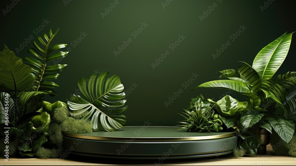 Obraz premium podium product stand or display with leaf, green background and cinematic light