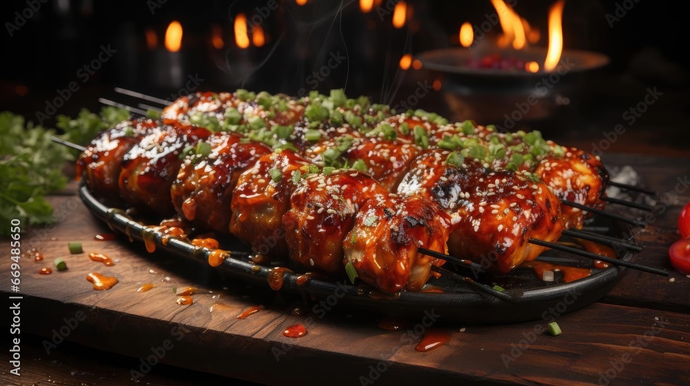 Delicious grilled yakitori with vegetable toppings, blur background