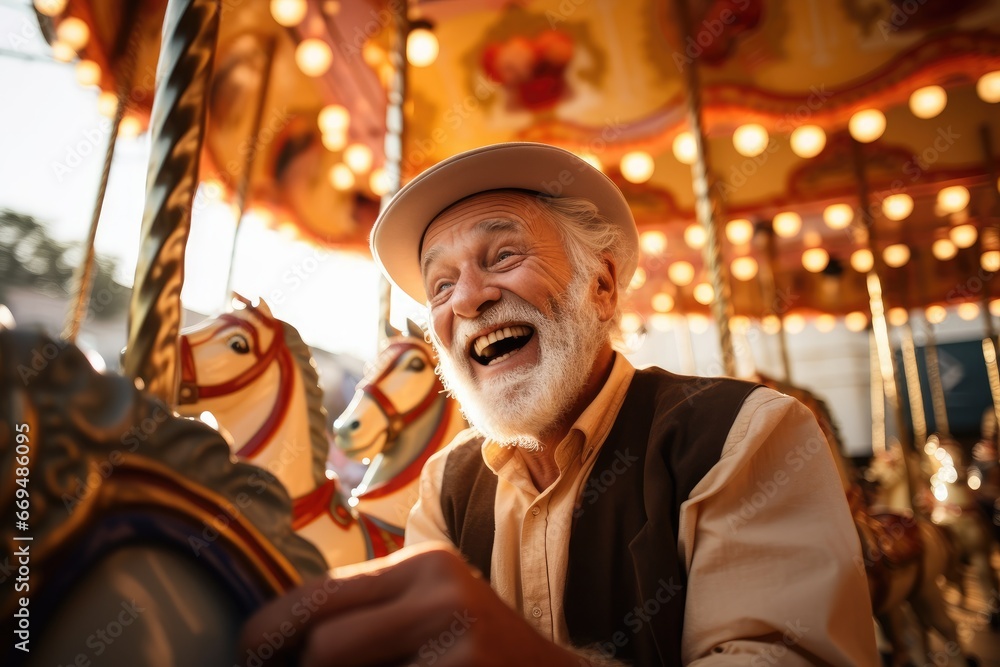 Joyful senior man enjoying a carousel ride