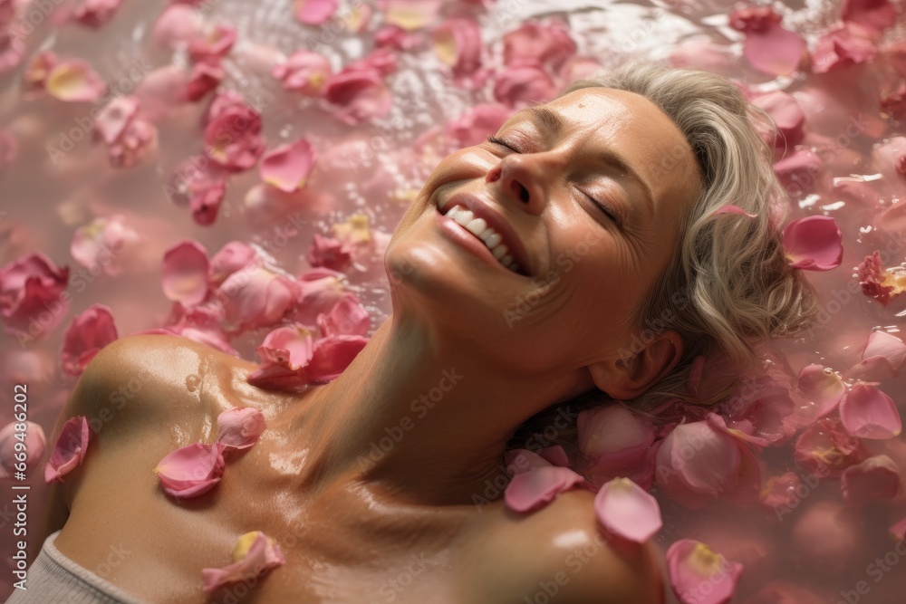 Mature woman enjoying an aromatic spa day, surrounded by rose petals.