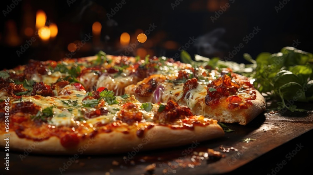 full pizza with vegetables and meat on wooden table with blur background full pizza with vegetables and meat on wooden table with blur background