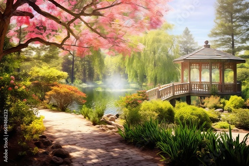 A blooming garden by the lake with a gazebo. Photo wallpapers, Generative AI photo