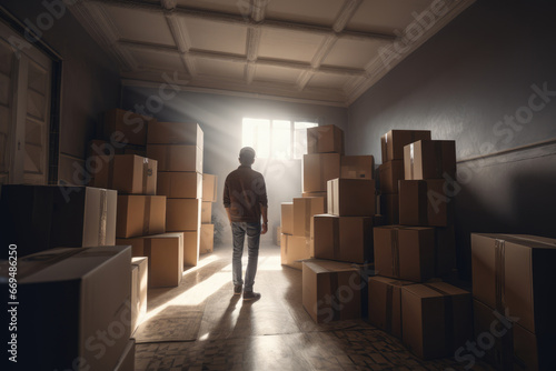 Man Walks Through Corridor Littered with Cardboard Boxes, person moving to new house © gankevstock