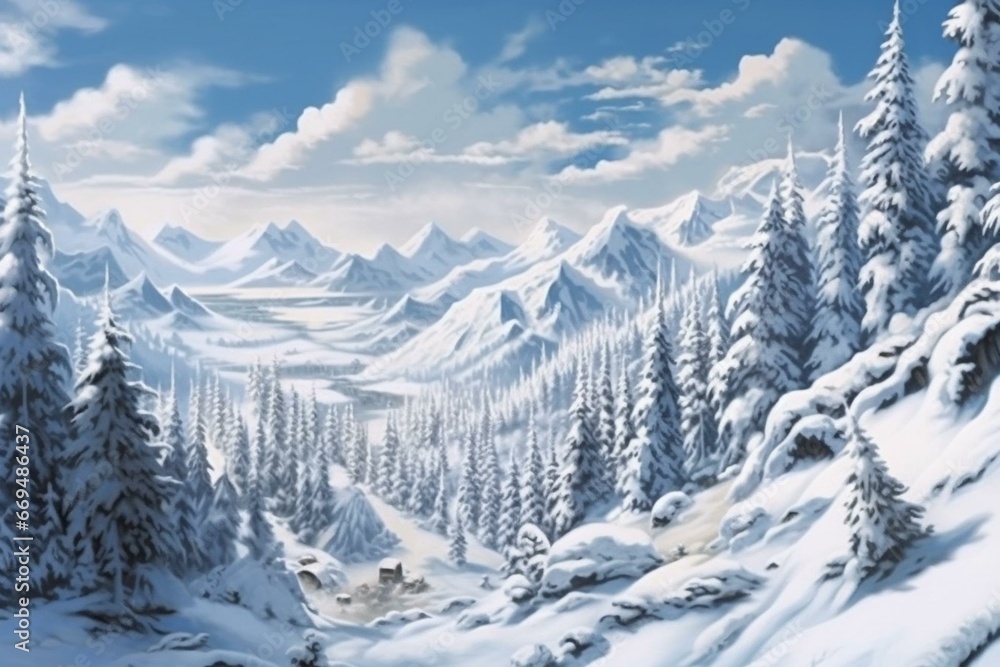 Snowy mountain landscape. Generative AI