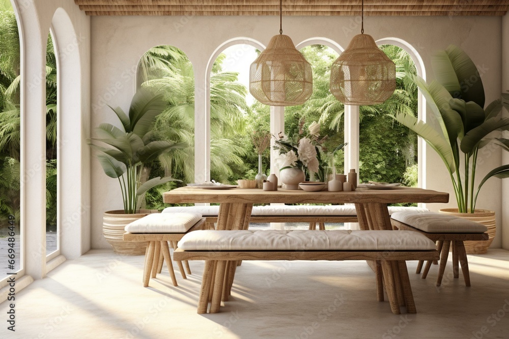 Whitewashed sustainable dining room with window, bamboo ceiling, table, chairs, plants, ceramic