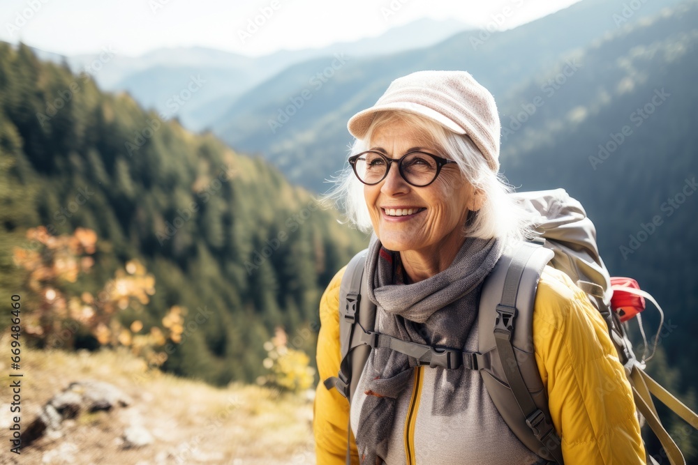 Senior woman enjoying a hike in the mountains, nature surrounding.