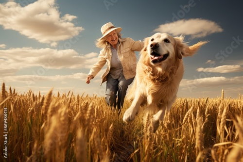 Senior woman and her golden retriever playing fetch in a field.
