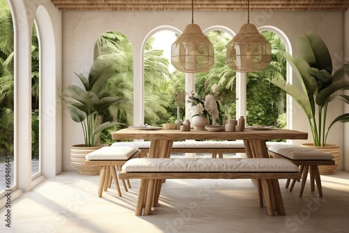 Whitewashed sustainable dining room with window  bamboo ceiling  table  chairs  plants  ceramic floor. Eco-friendly interior design. Generative AI