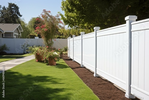 Leinwand Poster White vinyl fence surrounds private property. Generative AI