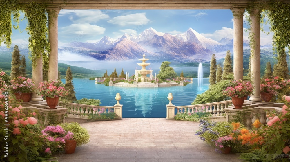 Beautiful view of the lake and mountains from the blooming garden. Digital collage. Wallpaper. Poster design. Gazebo with a fountain, Generative AI - obrazy, fototapety, plakaty 