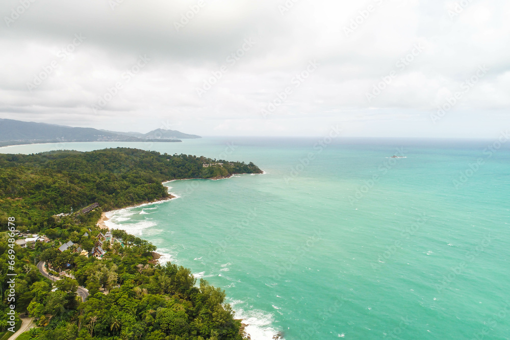 Fototapeta premium Aerial view sea beach wave on tropical sea island